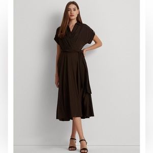 NWT. Lauren Ralph Lauren Women's Self-Belt Roll-Tab Sleeve Surplice Crepe Dress